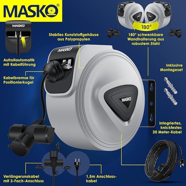 Автоматична кабелна макара MASKO® 20 м с 3 гнезда