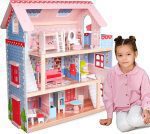 Дървена къща за кукли Infantastic, LED светлини, 3 етажа