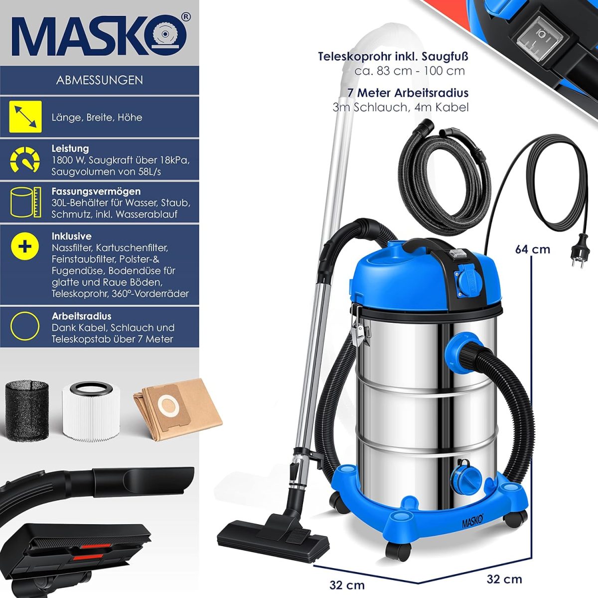 MASKO® Индустриална прахосмукачка 2300 W - Image 5