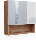 Шкаф с огледало за баня Vicco Ирма, дъб/бял гланц, 54 х 55 см