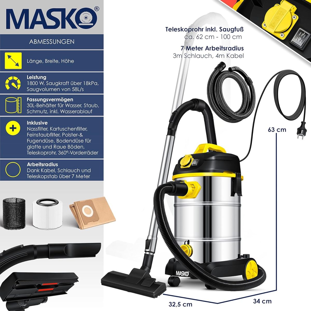 MASKO® Индустриална прахосмукачка за сухо и мокро 1800W - Image 2