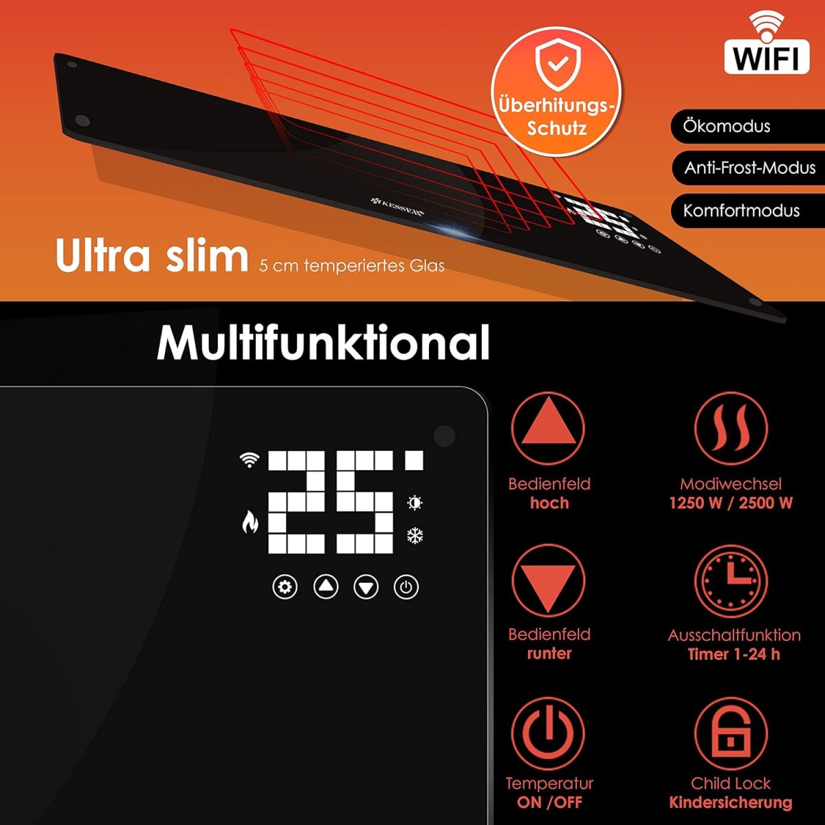 KESSER® Стъклен конвектор, функция за WiFi приложение - Image 5