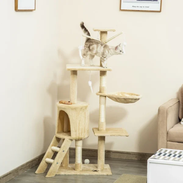 PawHut 52" многоетажно котешко дърво, къщичка за котенца