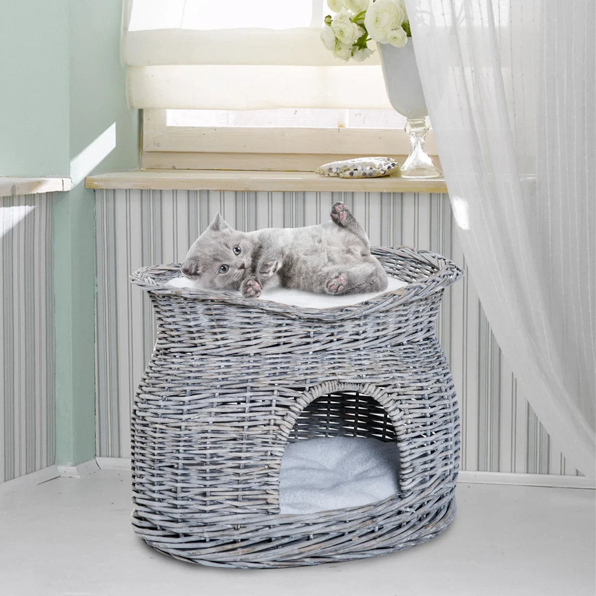 PawHut Плетена кошница от ратан за котки с 2 възглавници - Image 2
