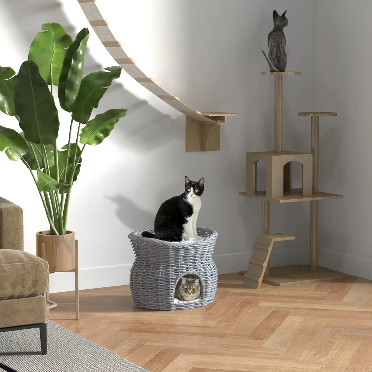 PawHut Плетена кошница от ратан за котки с 2 възглавници - Image 4