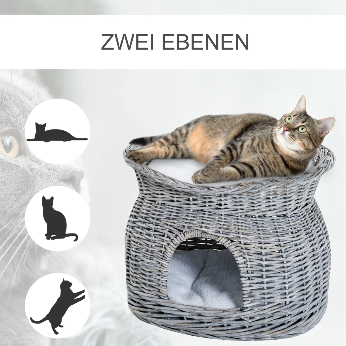 PawHut Плетена кошница от ратан за котки с 2 възглавници - Image 7
