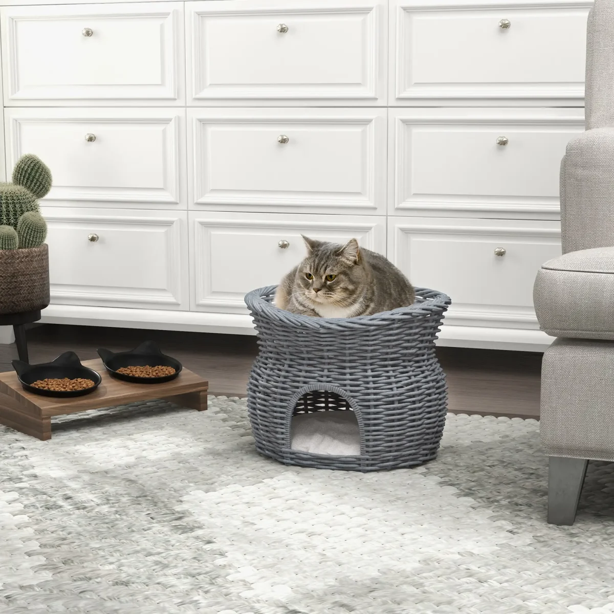 PawHut Плетена кошница от ратан за котки с 2 възглавници - Image 8