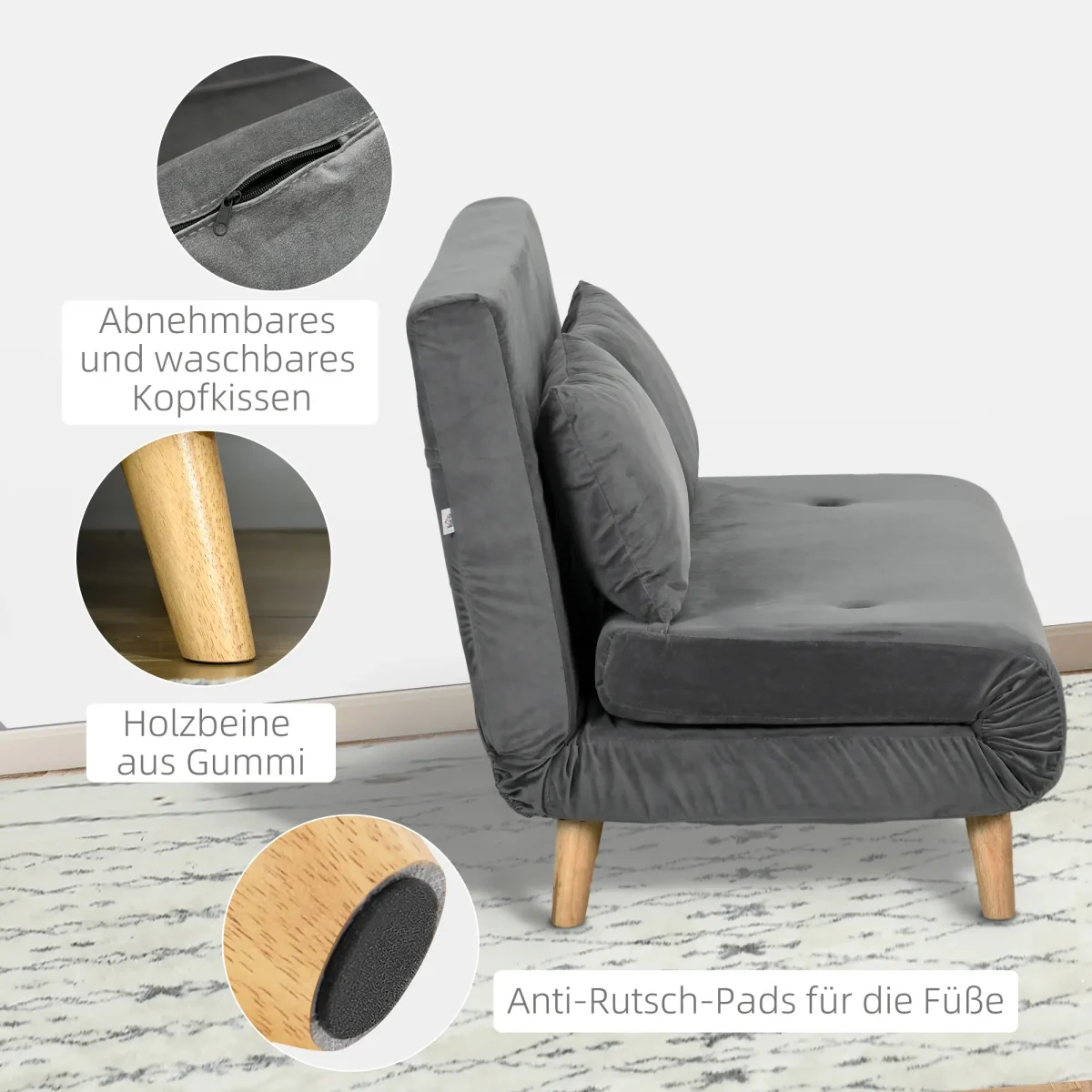 HOMCOM Разтегателен диван, 130 x 78 x 79 см, сив - Image 3