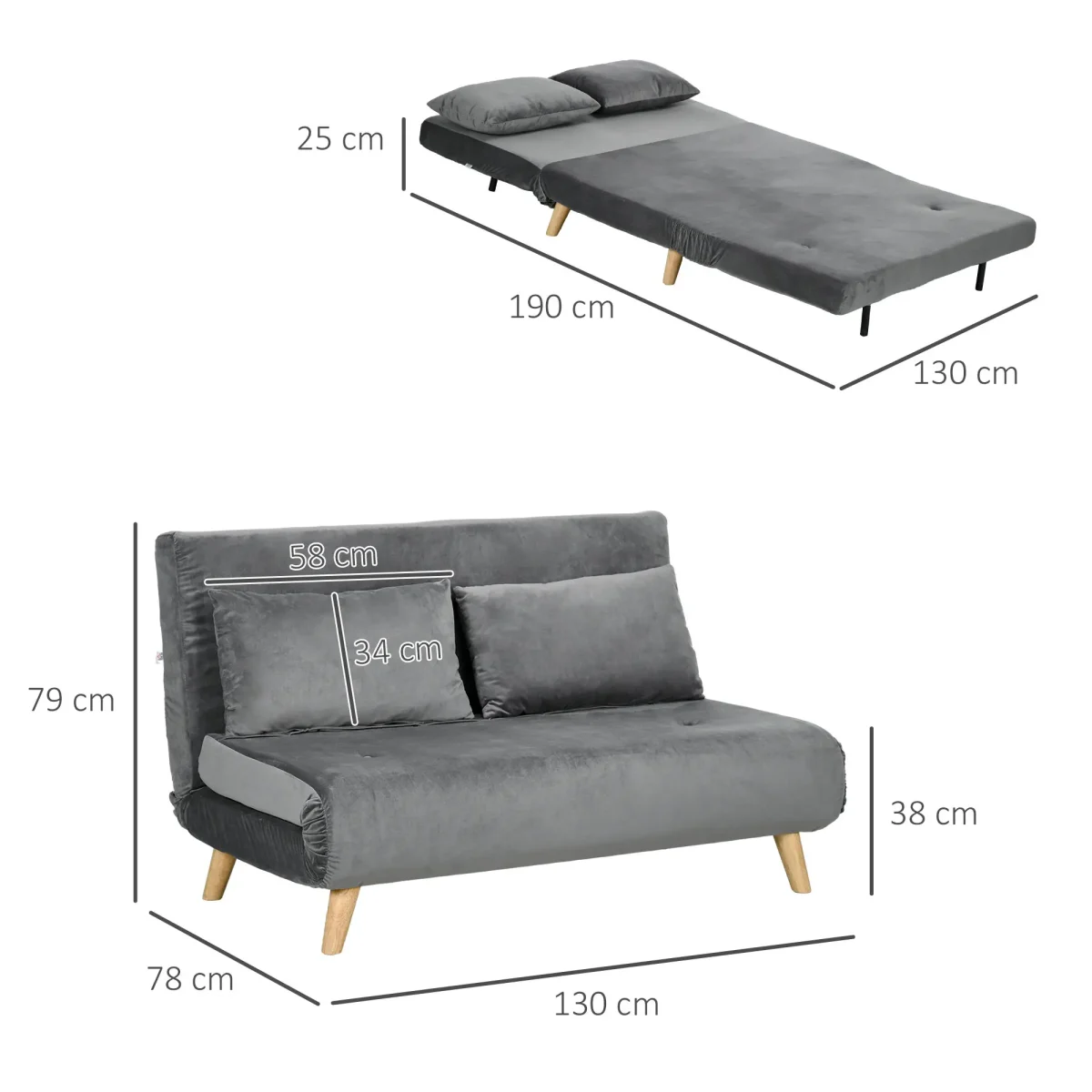 HOMCOM Разтегателен диван, 130 x 78 x 79 см, сив - Image 7