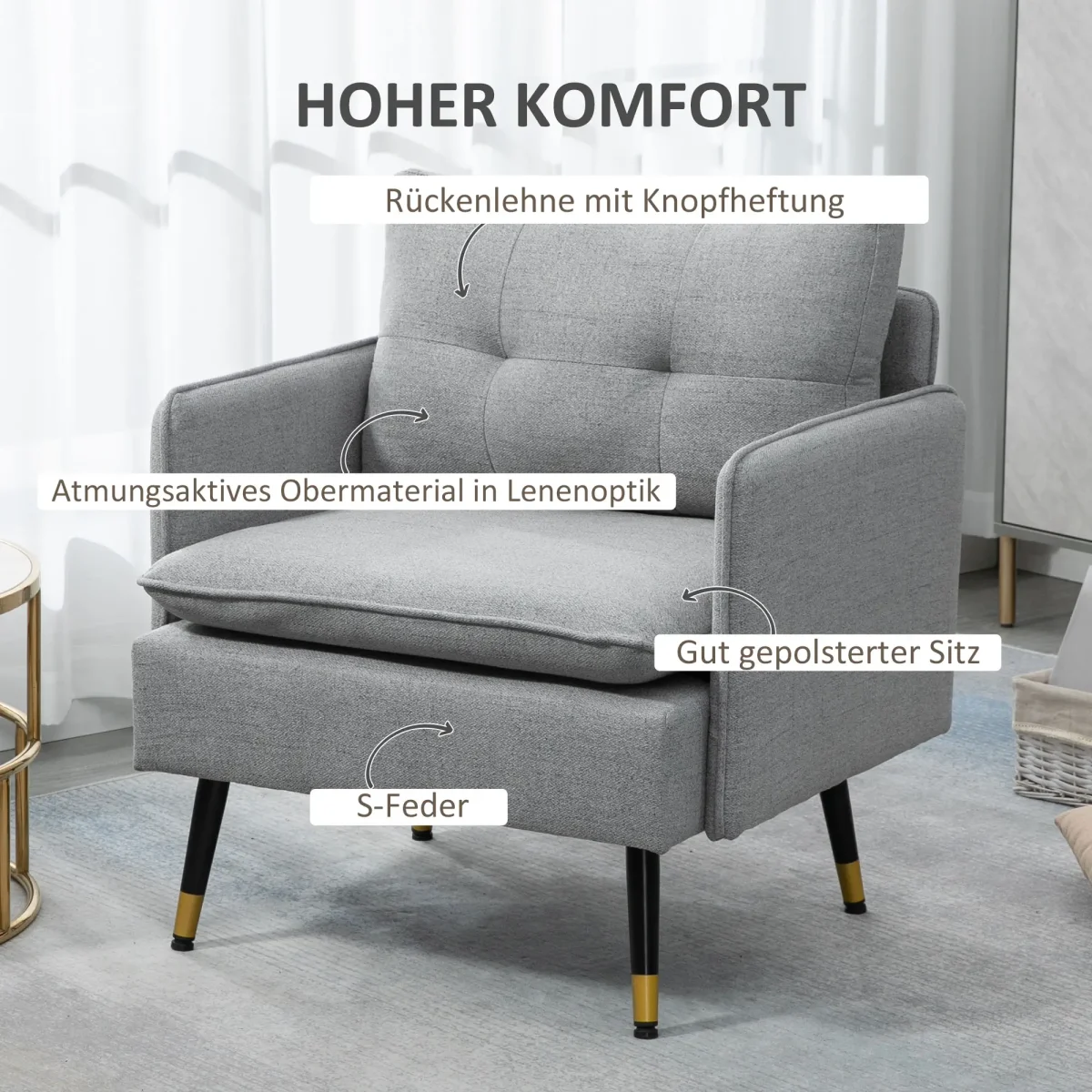 Акцентен стол HOMCOM с копчета, тапициран фотьойл - Image 2