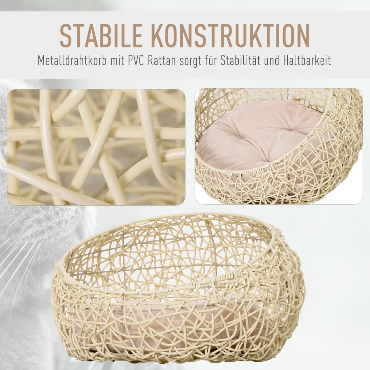 PawHut Котешко легло от ратан с възглавница Ø56 x 35 см - Image 3