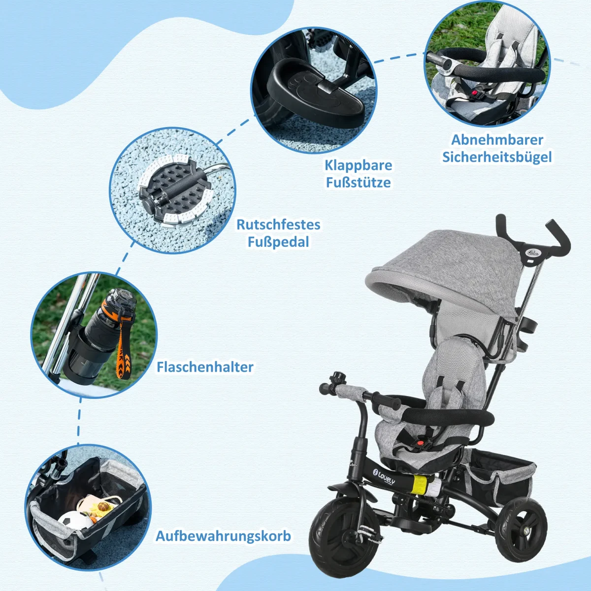 Детска триколка HOMCOM 6 в 1 с дръжка, сенник, за 1-5 години - Image 10