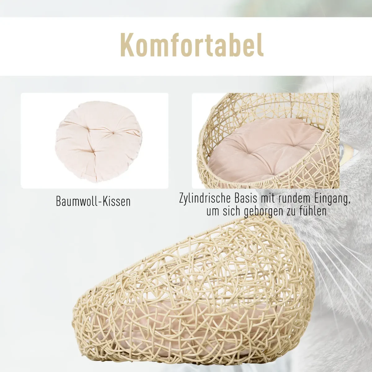 PawHut Котешко легло от ратан с възглавница Ø56 x 35 см - Image 8