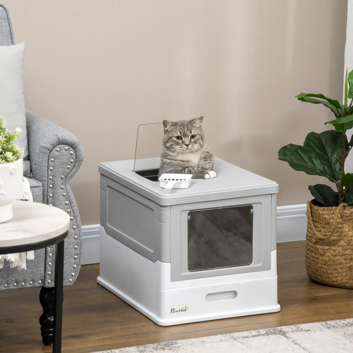 PawHut Котешка тоалетна с дъно и лъжичка, пластмаса, сива - Image 2